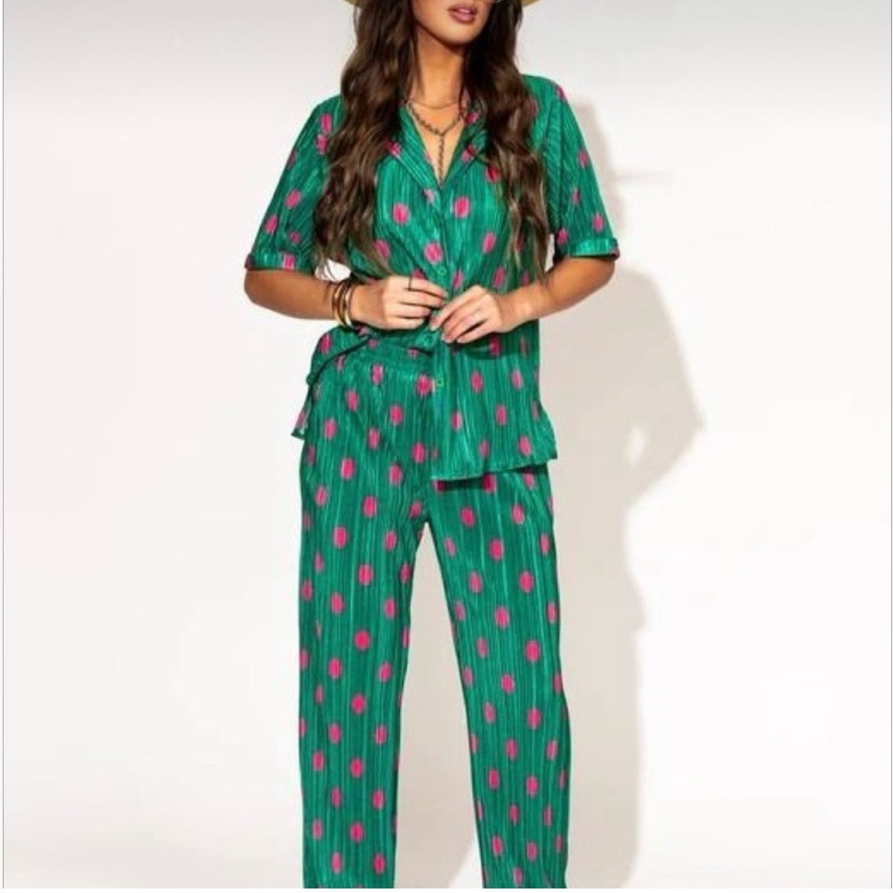 Dressed in LALA Green and Pink Polka Dot Pantsuit